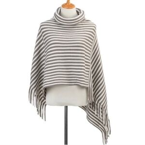 Demdaco Taupe & Cream Knit Striped Poncho Sweater